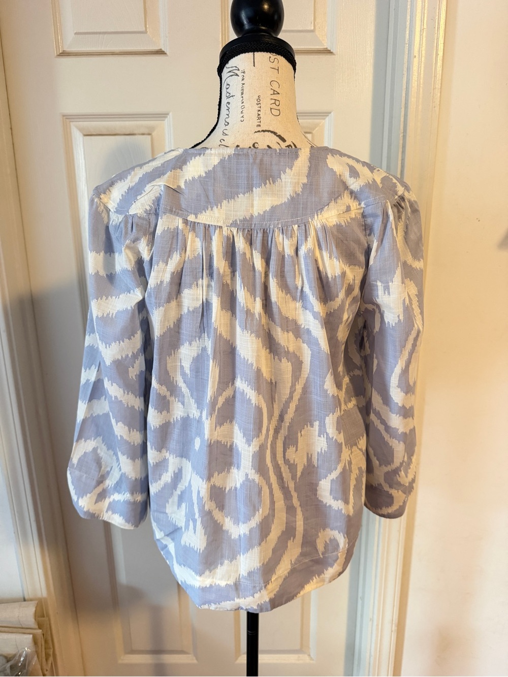 Anthropologie Light Blue & White Ikat V-Neck Blouse - Picture 6 of 7
